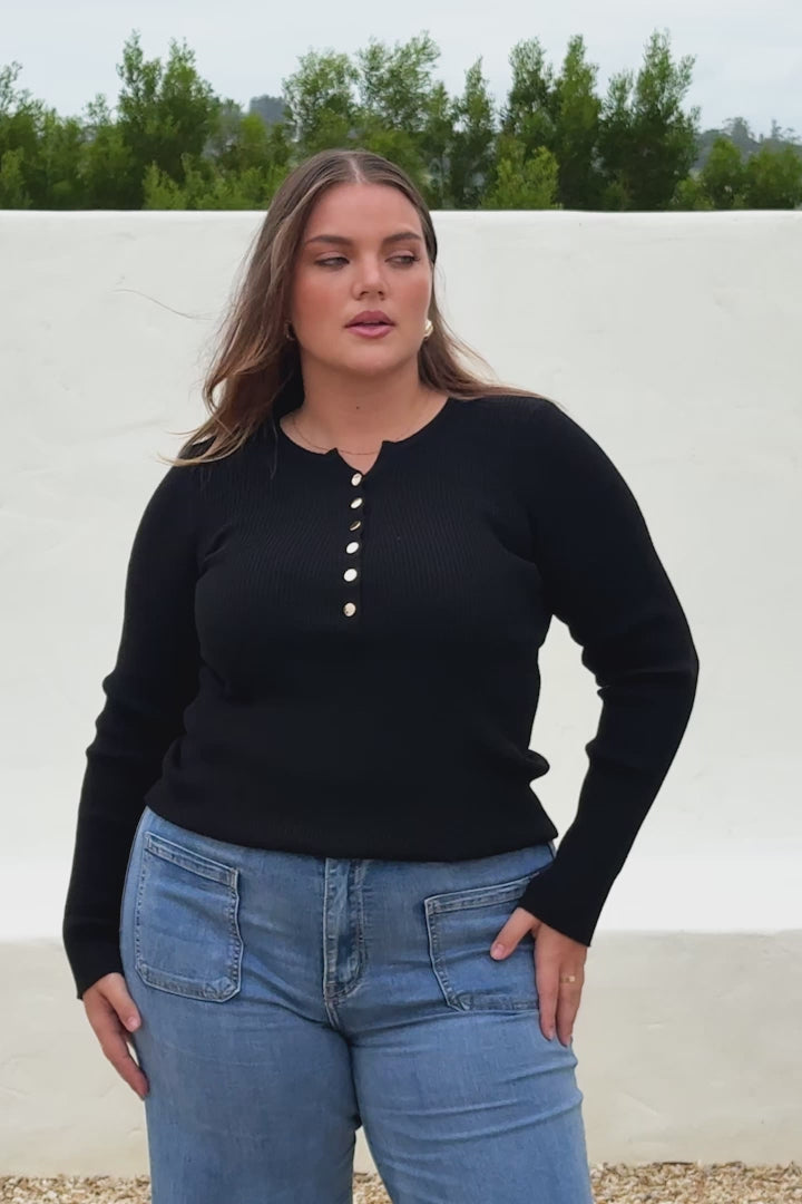 Emilia Knit Top - Gold Button Neckline Ribbed Top in Black