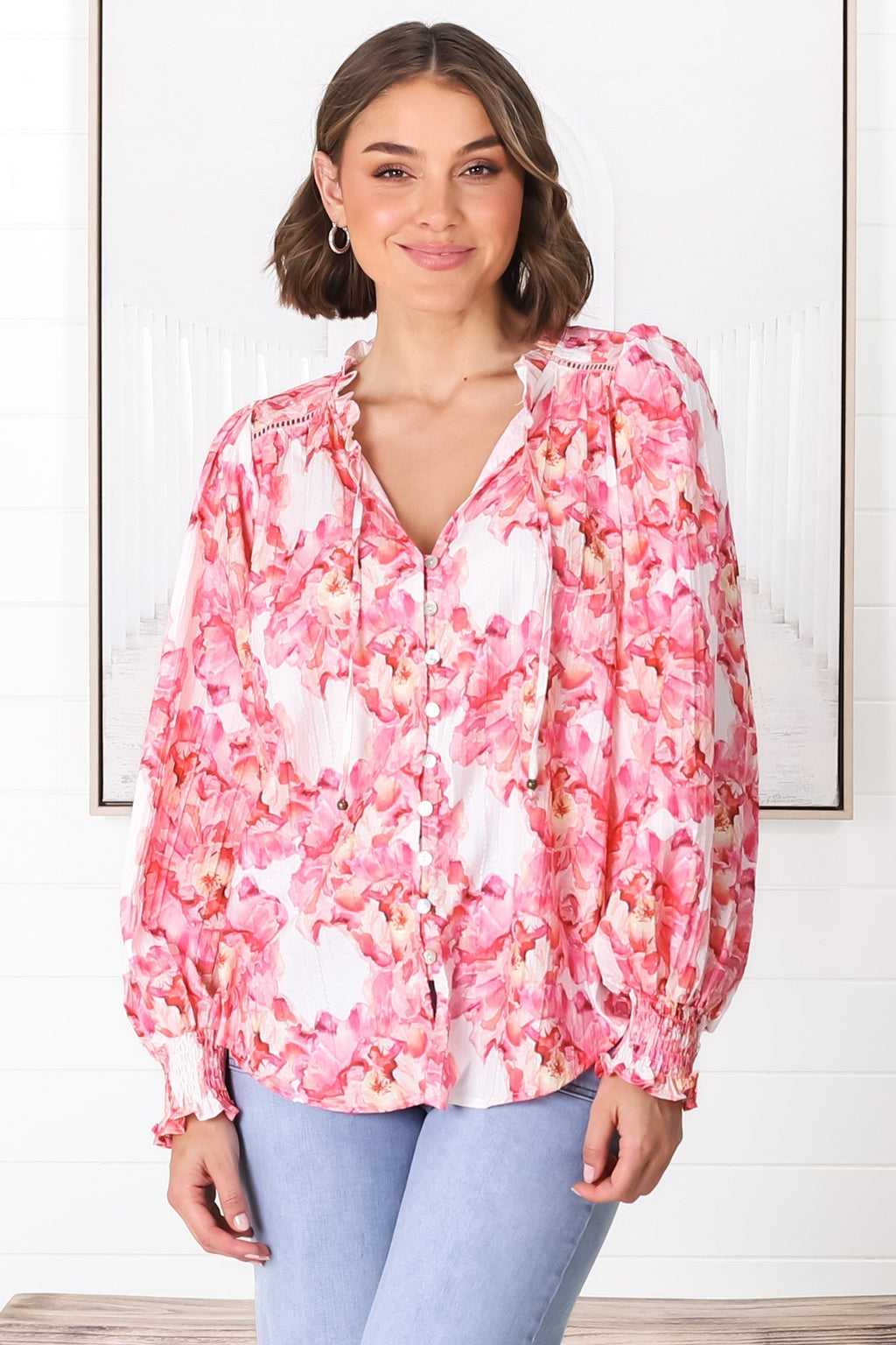 Moree Blouse - Frill Collar Neck Tie Button Down Shirt in Franc Print Pink