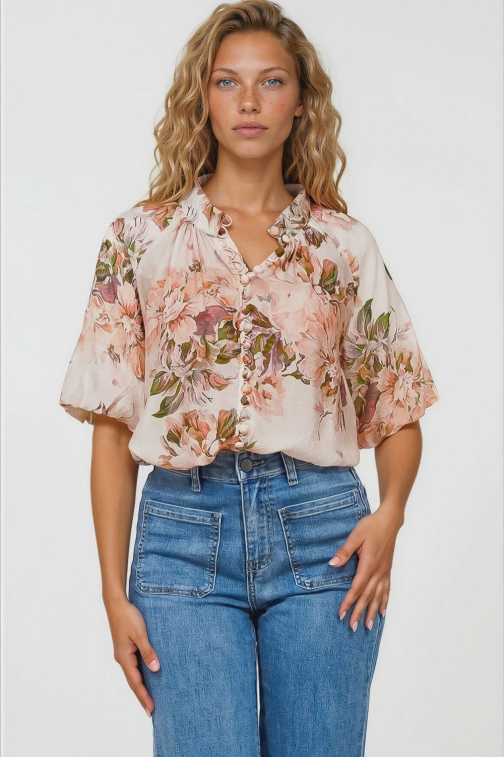 Natalia Blouse - Button Down Mandarin Collar Shirt in Kirah Print Peach