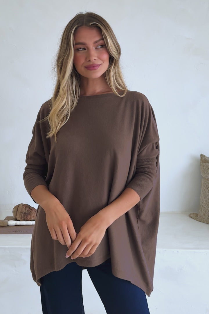 Belinda Knit Top - Boat Neckline Boxy Batwing Top in Chocolate