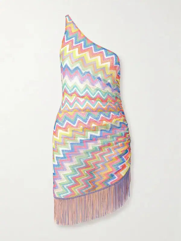 one-shoulder fringed crochet-knit mini dress