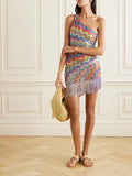 one-shoulder fringed crochet-knit mini dress