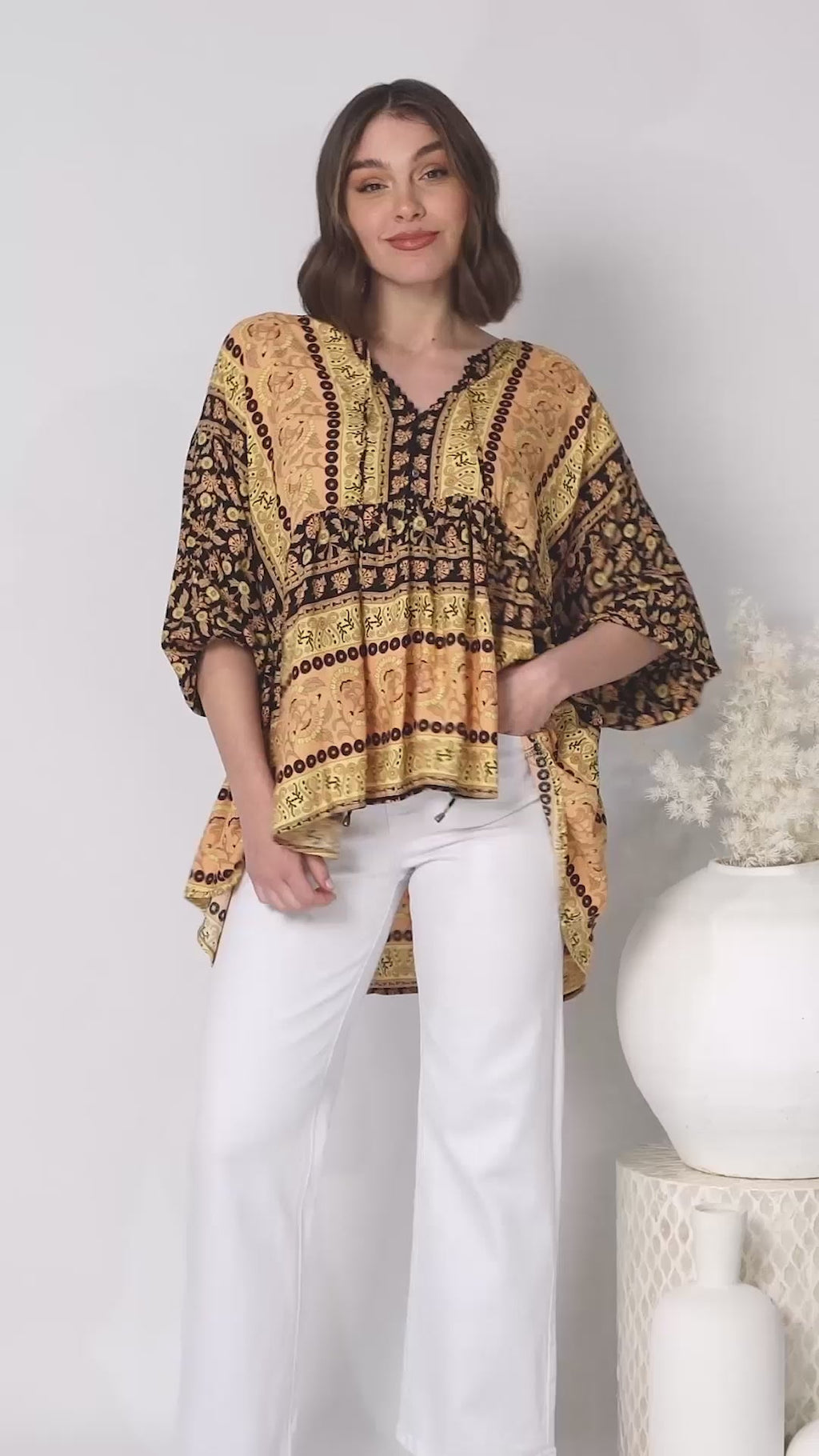 JAASE - Chloe Top: Very Oversized Crochet Trim Neckline Smock Top in Queen of the Night Print