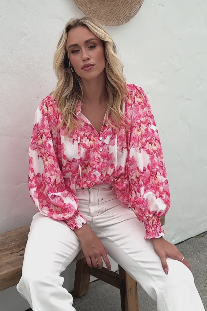 Moree Blouse - Frill Collar Neck Tie Button Down Shirt in Franc Print Pink