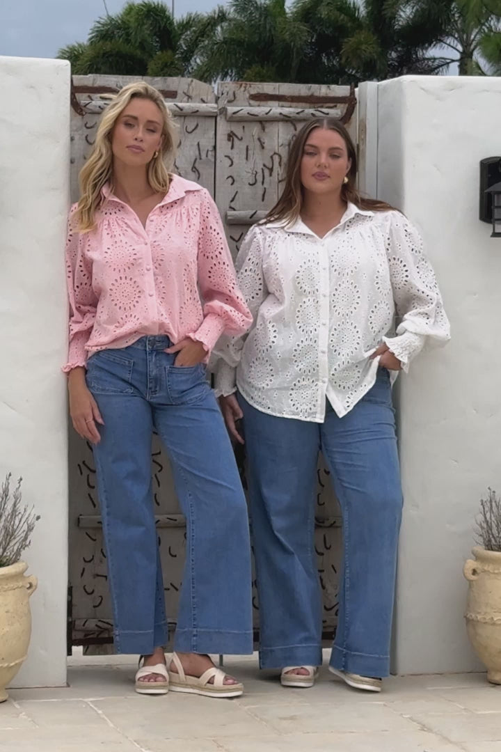 Benton Blouse - Hollow Out Embroidered Button Down Shirt in Pink
