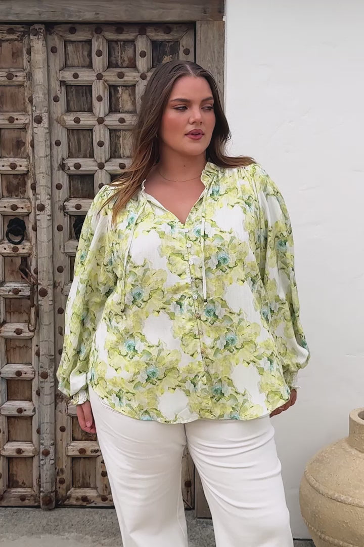 Moree Blouse - Frill Collar Neck Tie Button Down Shirt in Franc Print Lime