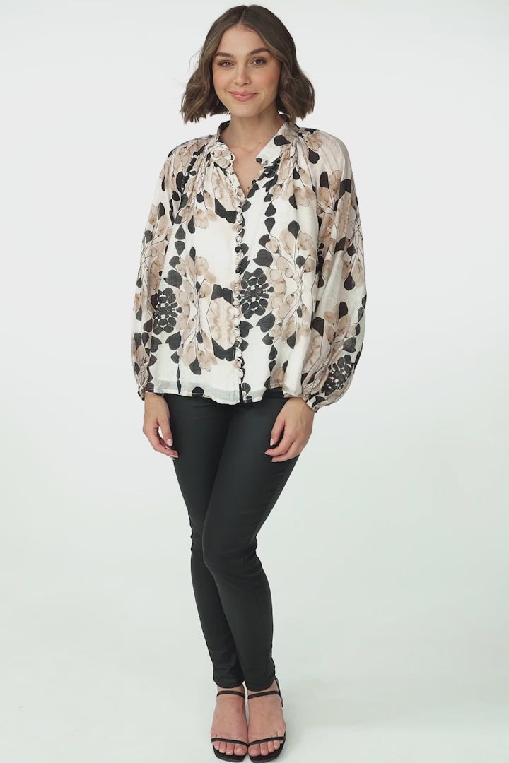 Portia Blouse - Button Down Mandarin Collar Shirt in Calea Print Beige