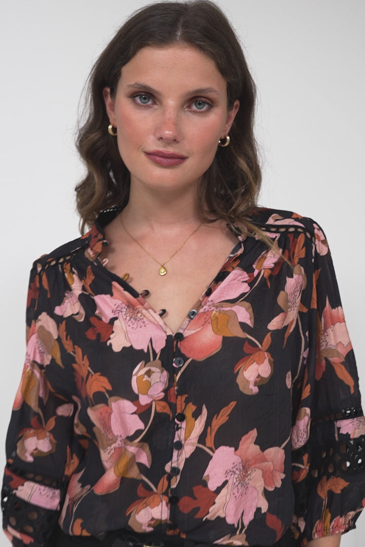 Alyce Shirt - Mandarin Collar Cut Out Detailed Sleeve Button Down in Larissa Print Black