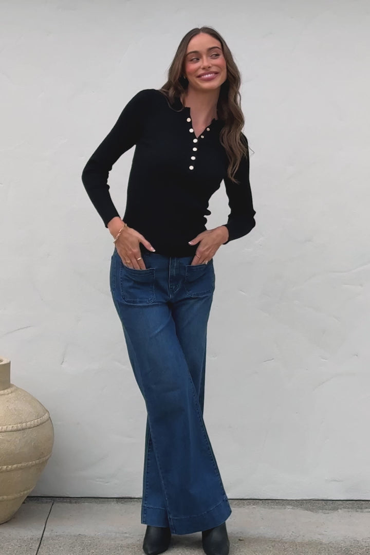 Emilia Knit Top - Gold Button Neckline Ribbed Top in Black