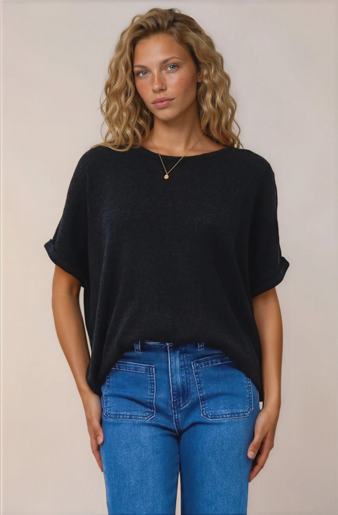 Andre Top - Crew Neck Slouchy Knit Top with Cuffed Short Sleeves in Black