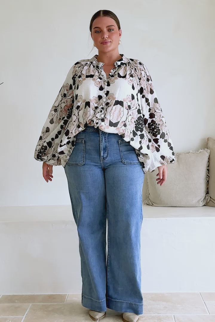 Portia Blouse - Button Down Mandarin Collar Shirt in Calea Print Beige