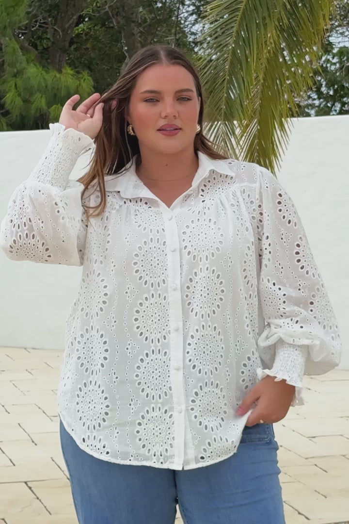 Benton Blouse - Hollow Out Embroidered Button Down Shirt in White