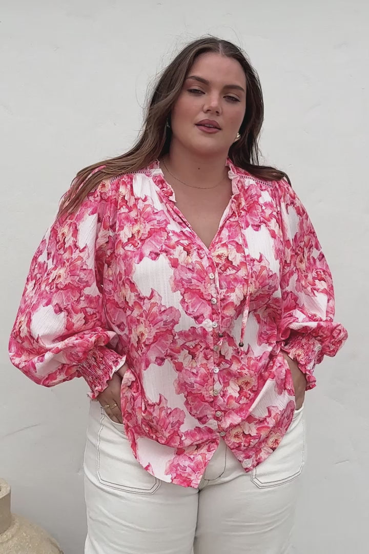 Moree Blouse - Frill Collar Neck Tie Button Down Shirt in Franc Print Pink