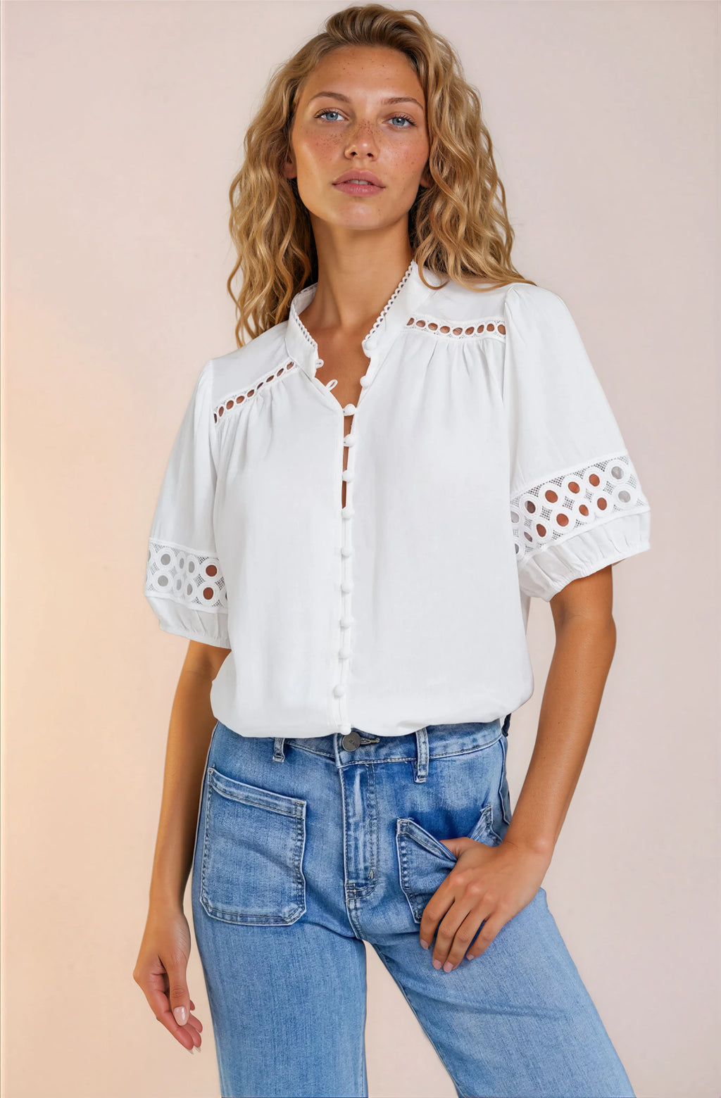 Alenna Shirt - Mandarin Collar Cut Out Detailed Short Sleeve Button Down in White