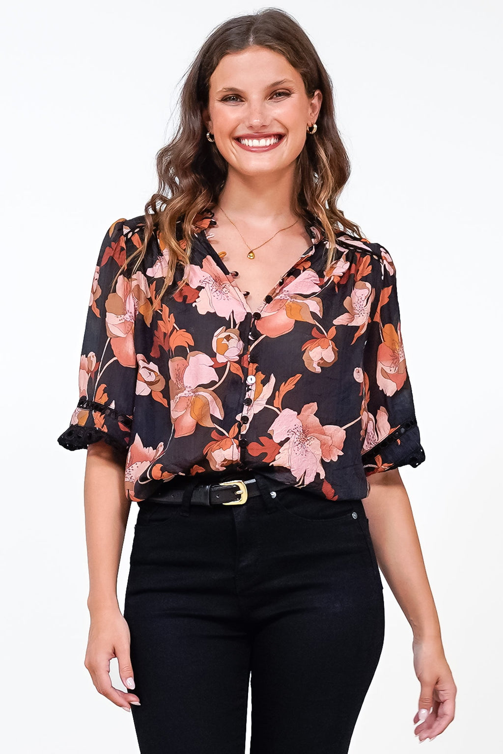 Alyce Shirt - Mandarin Collar Cut Out Detailed Sleeve Button Down in Larissa Print Black