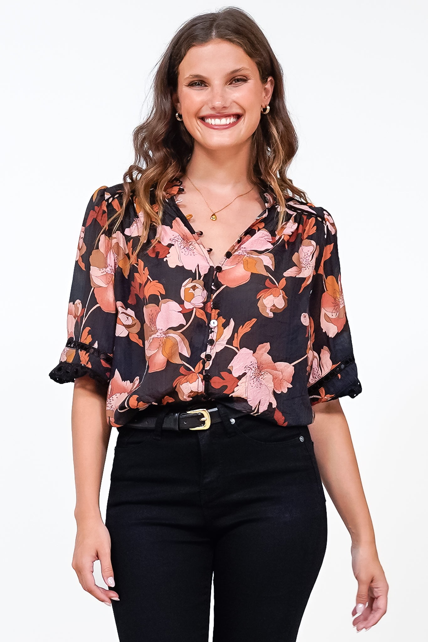 Alyce Shirt - Mandarin Collar Cut Out Detailed Sleeve Button Down in Larissa Print Black