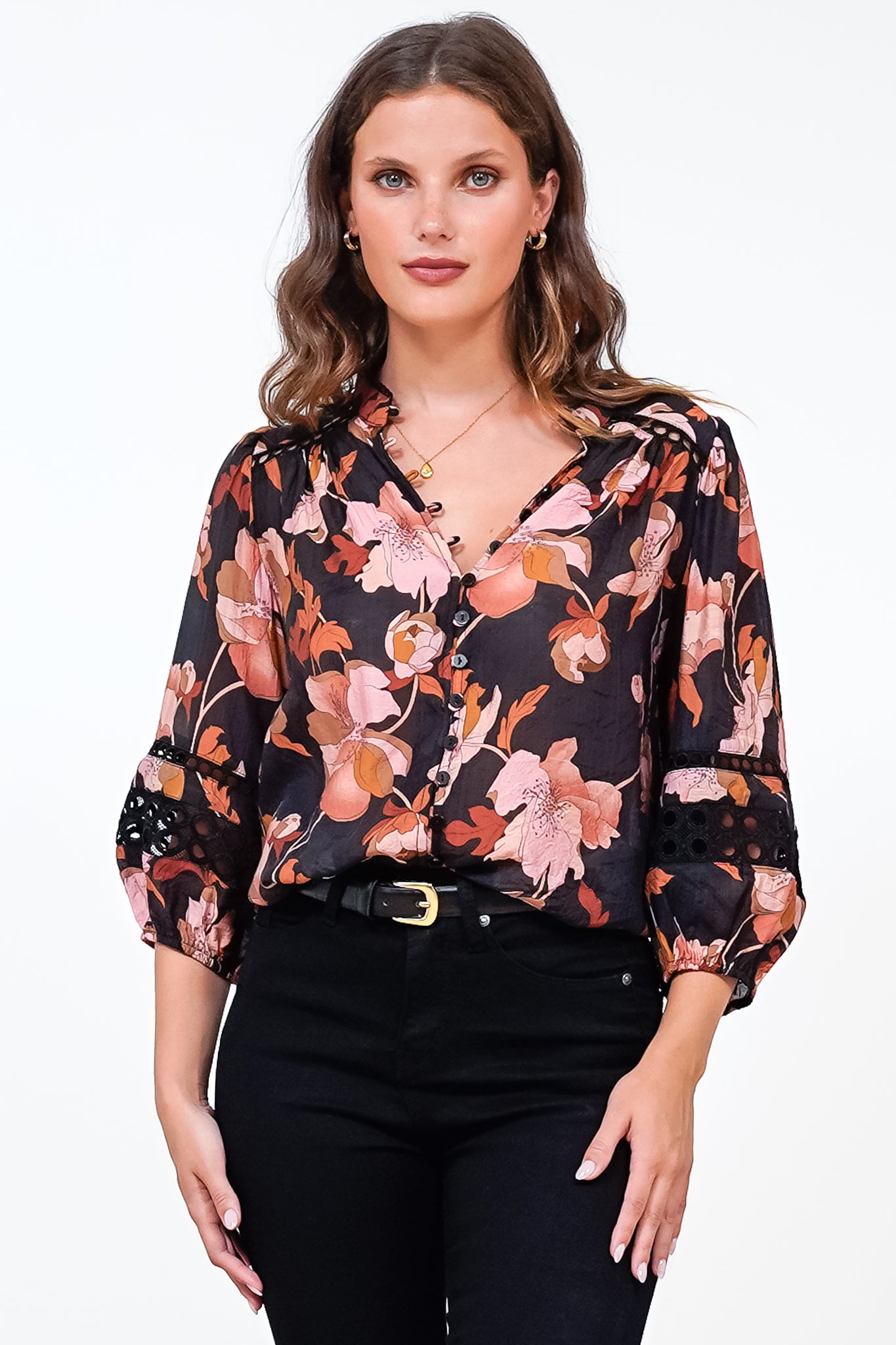 Alyce Shirt - Mandarin Collar Cut Out Detailed Sleeve Button Down in Larissa Print Black