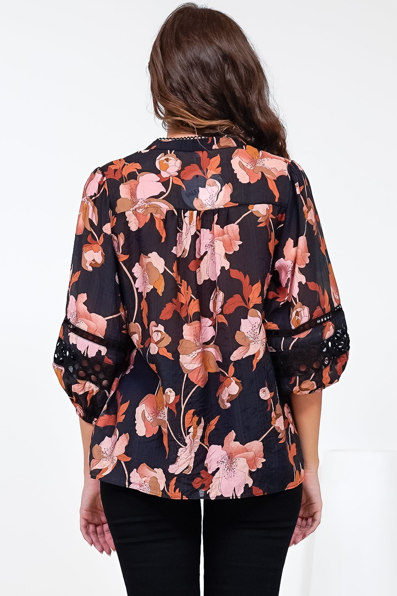 Alyce Shirt - Mandarin Collar Cut Out Detailed Sleeve Button Down in Larissa Print Black