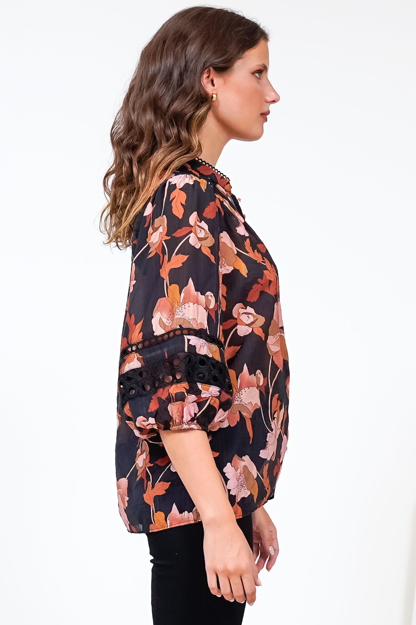 Alyce Shirt - Mandarin Collar Cut Out Detailed Sleeve Button Down in Larissa Print Black
