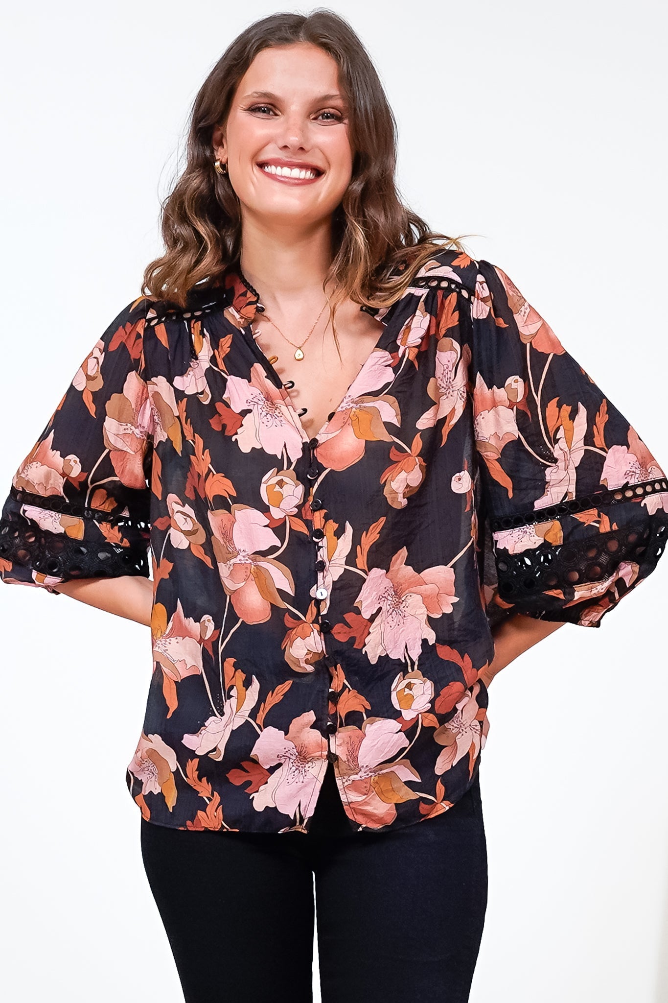 Alyce Shirt - Mandarin Collar Cut Out Detailed Sleeve Button Down in Larissa Print Black