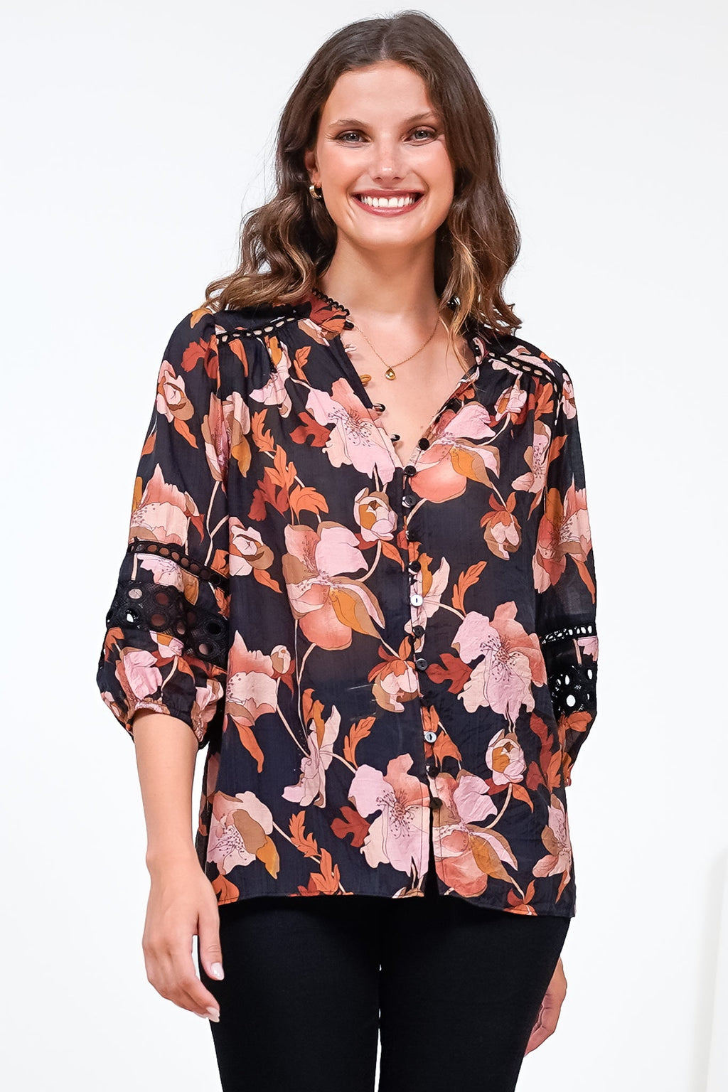 Alyce Shirt - Mandarin Collar Cut Out Detailed Sleeve Button Down in Larissa Print Black