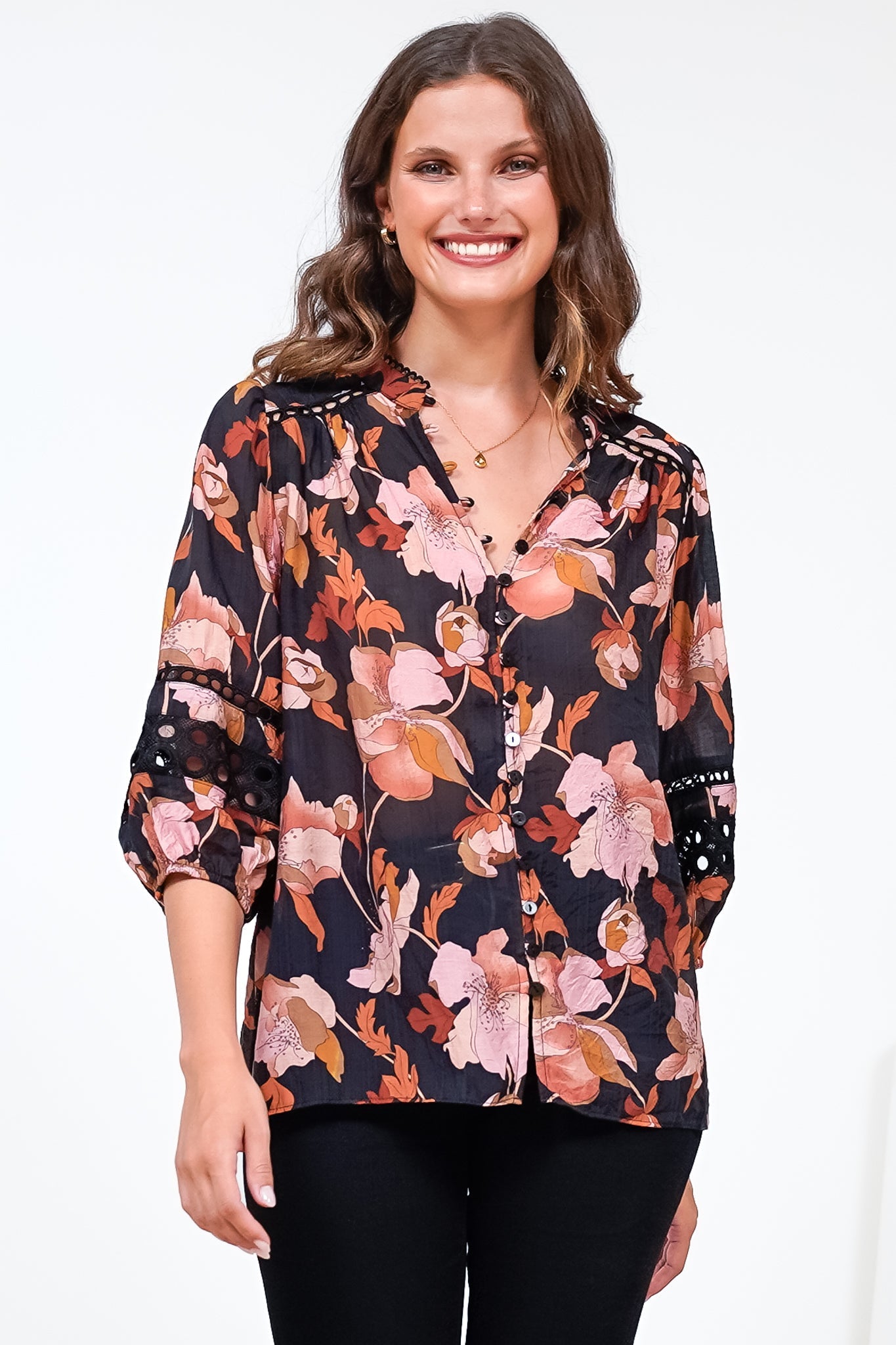 Alyce Shirt - Mandarin Collar Cut Out Detailed Sleeve Button Down in Larissa Print Black