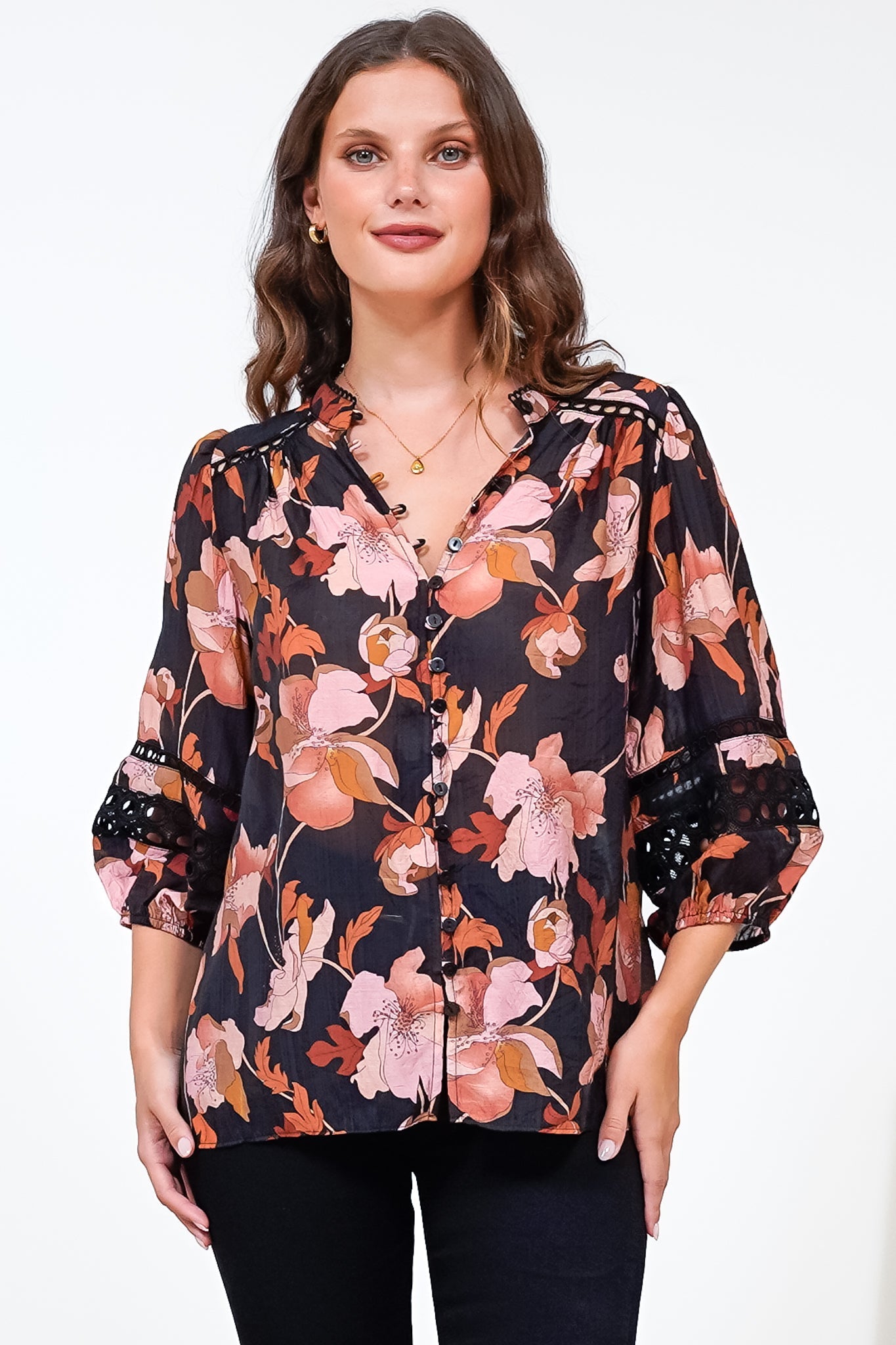 Alyce Shirt - Mandarin Collar Cut Out Detailed Sleeve Button Down in Larissa Print Black