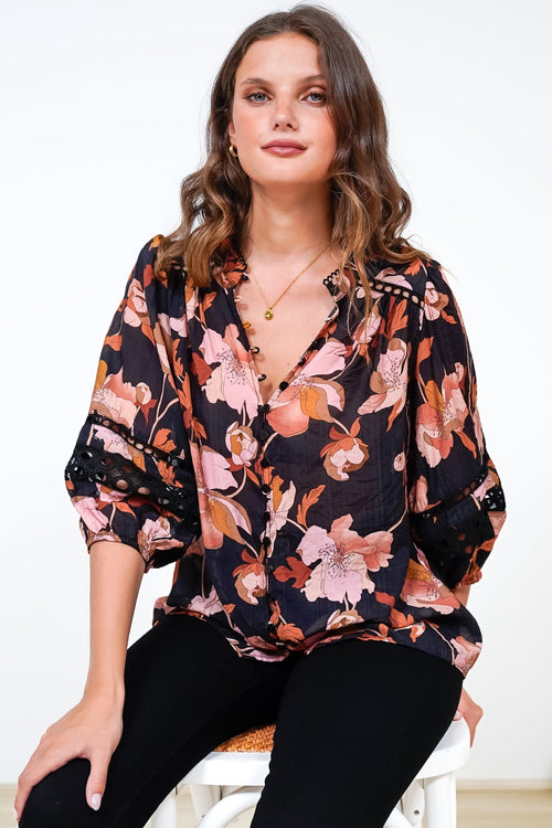 Alyce Shirt - Mandarin Collar Cut Out Detailed Sleeve Button Down in Larissa Print Black