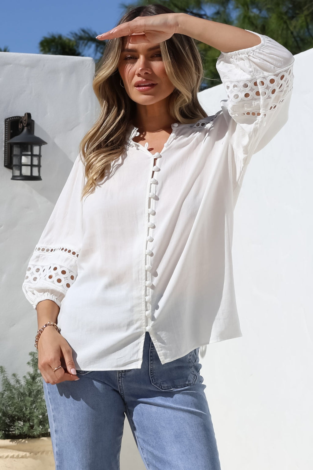 Alyce Shirt - Mandarin Collar Cut Out Detailed Sleeve Button Down in White