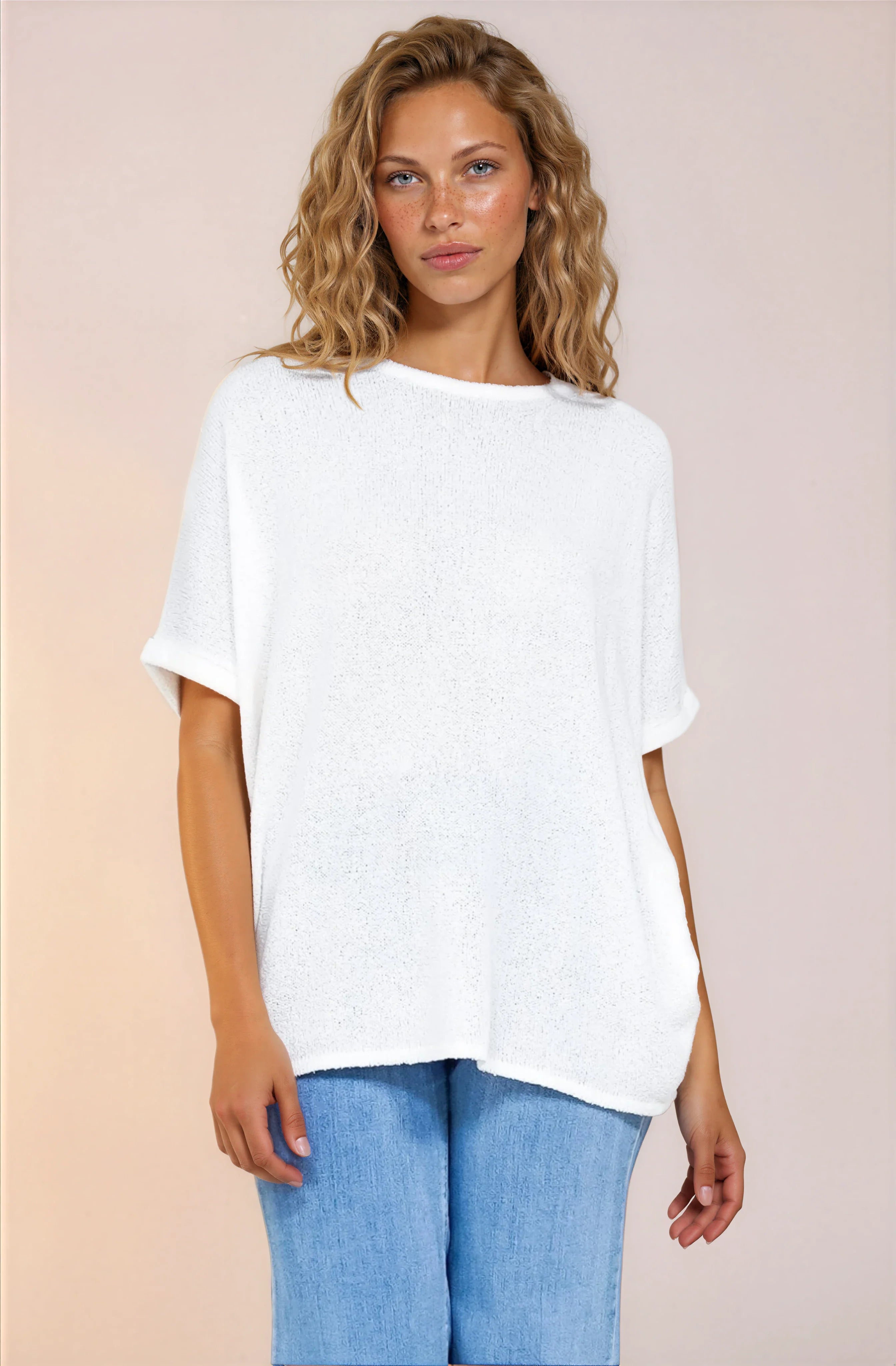 Andre Top - Crew Neck Slouchy Knit Top with Cuffed Short Sleeves in White