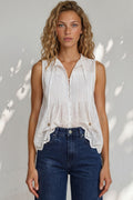 Blakely Top - Sleeveless Cotton Eyelet Detailed Scallop Hem Top in White