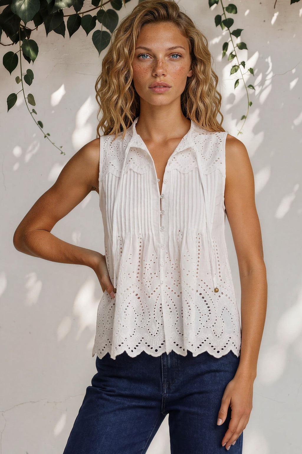 Blakely Top - Sleeveless Cotton Eyelet Detailed Scallop Hem Top in White