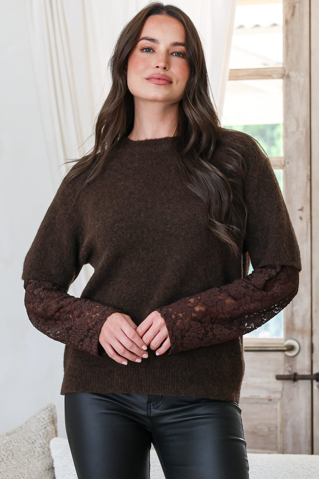 Calloway Knit Top - Crew Neck Knit with Lace Sleeve Inserts in Chocolate