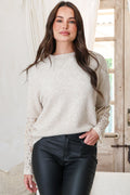 Calloway Knit Top - Crew Neck Knit with Lace Sleeve Inserts in Cream