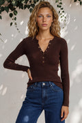 Emilia Knit Top - Gold Button Neckline Ribbed Top in Chocolate