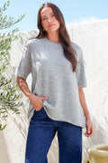 Fable Knit Top - Crew Neck Relaxed Super Soft Knit Tee in Grey Marle