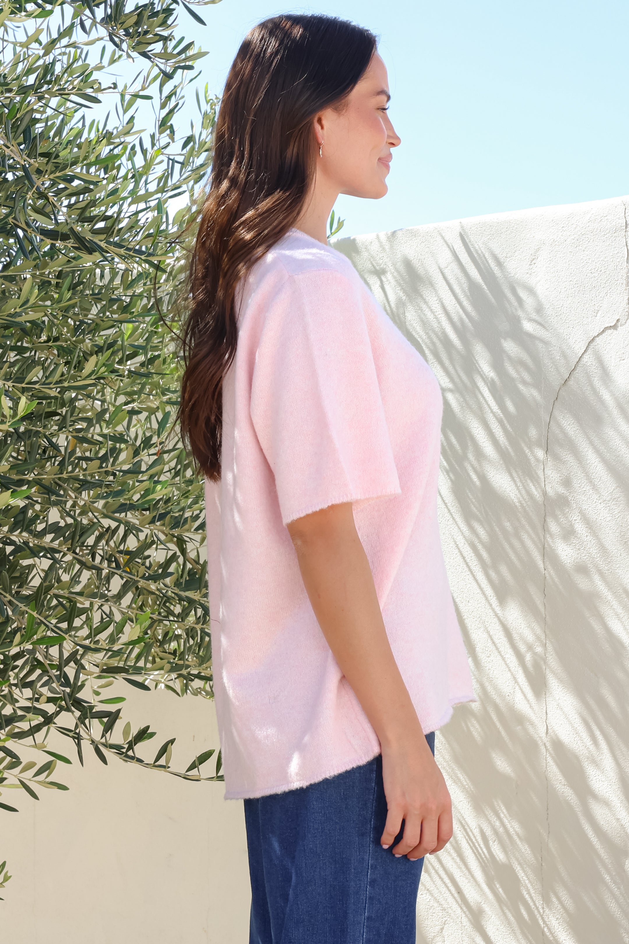 Fable Knit Top - Crew Neck Relaxed Super Soft Knit Tee in Pink