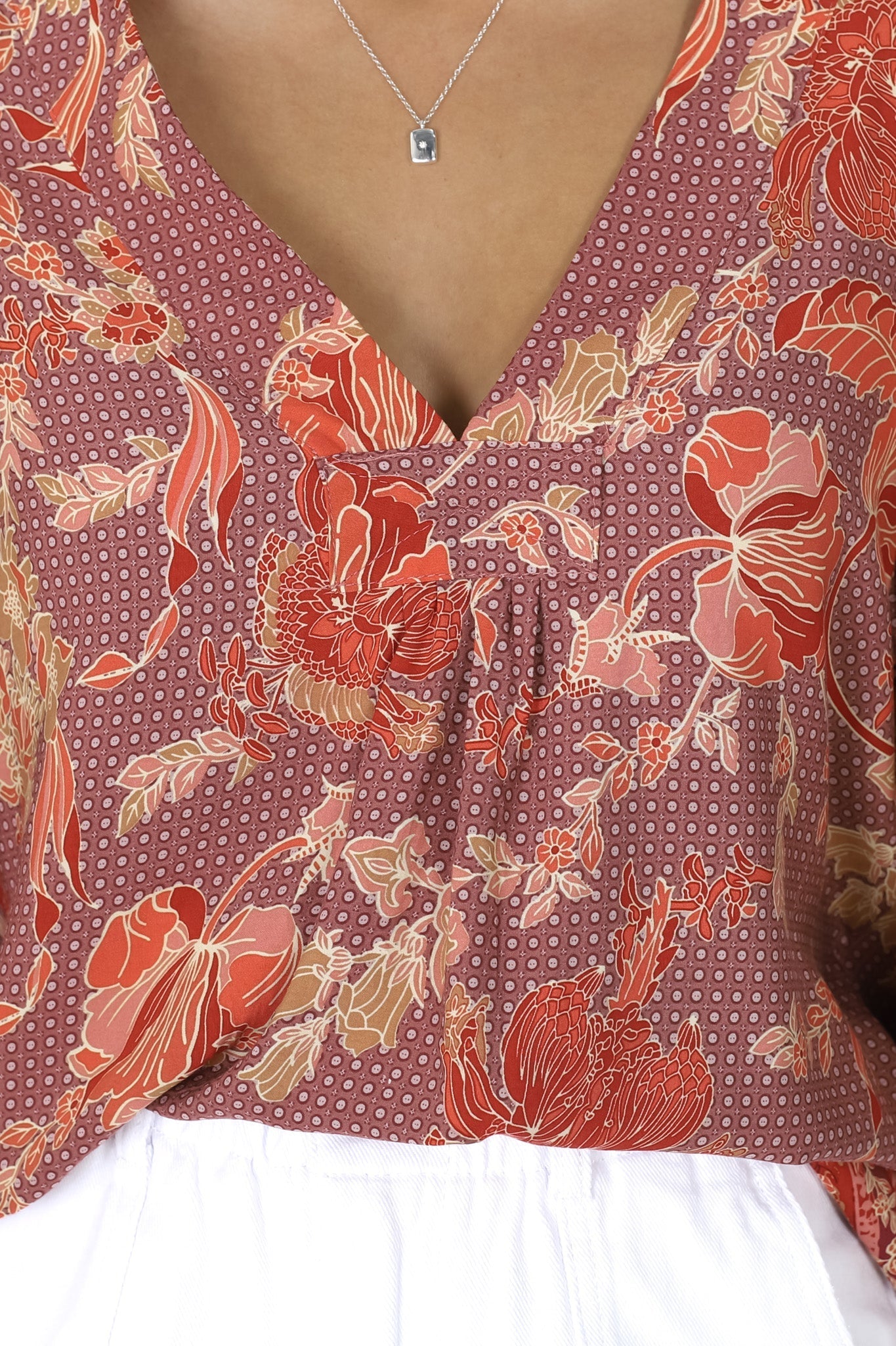 JAASE - Gabriella Top: Mandarin Collar Deep V Neck Crochet Trim Top in Ziggy Print