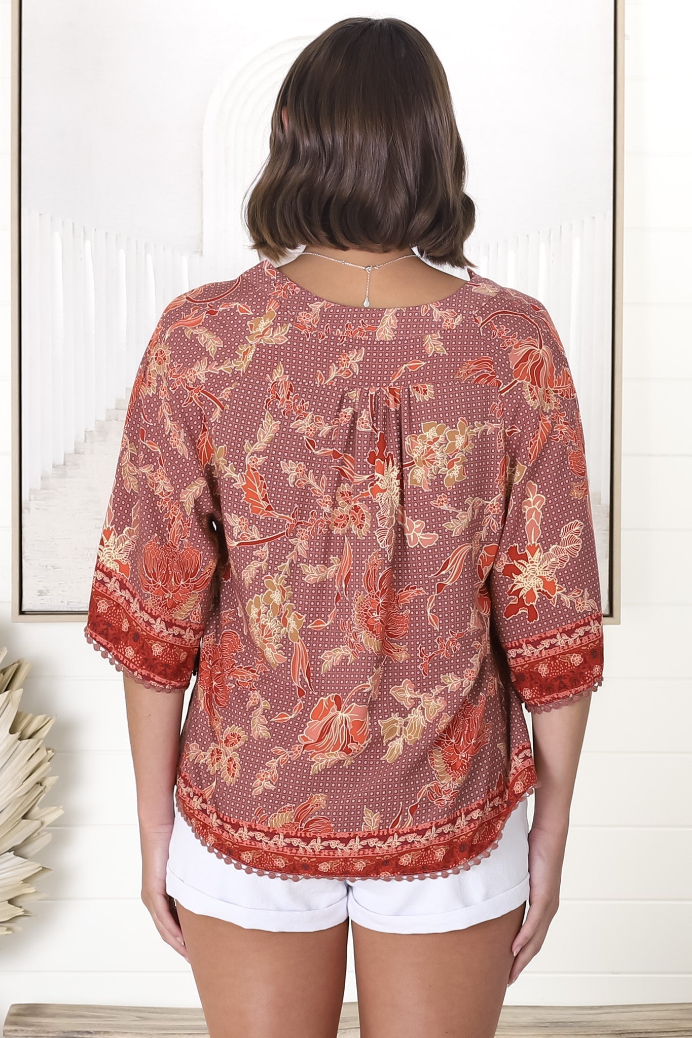 JAASE - Gabriella Top: Mandarin Collar Deep V Neck Crochet Trim Top in Ziggy Print