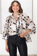 Portia Blouse - Button Down Mandarin Collar Shirt in Calea Print Beige