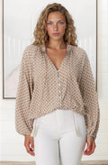Sallie Blouse - V-Neckline Button Down Top in Retro Print