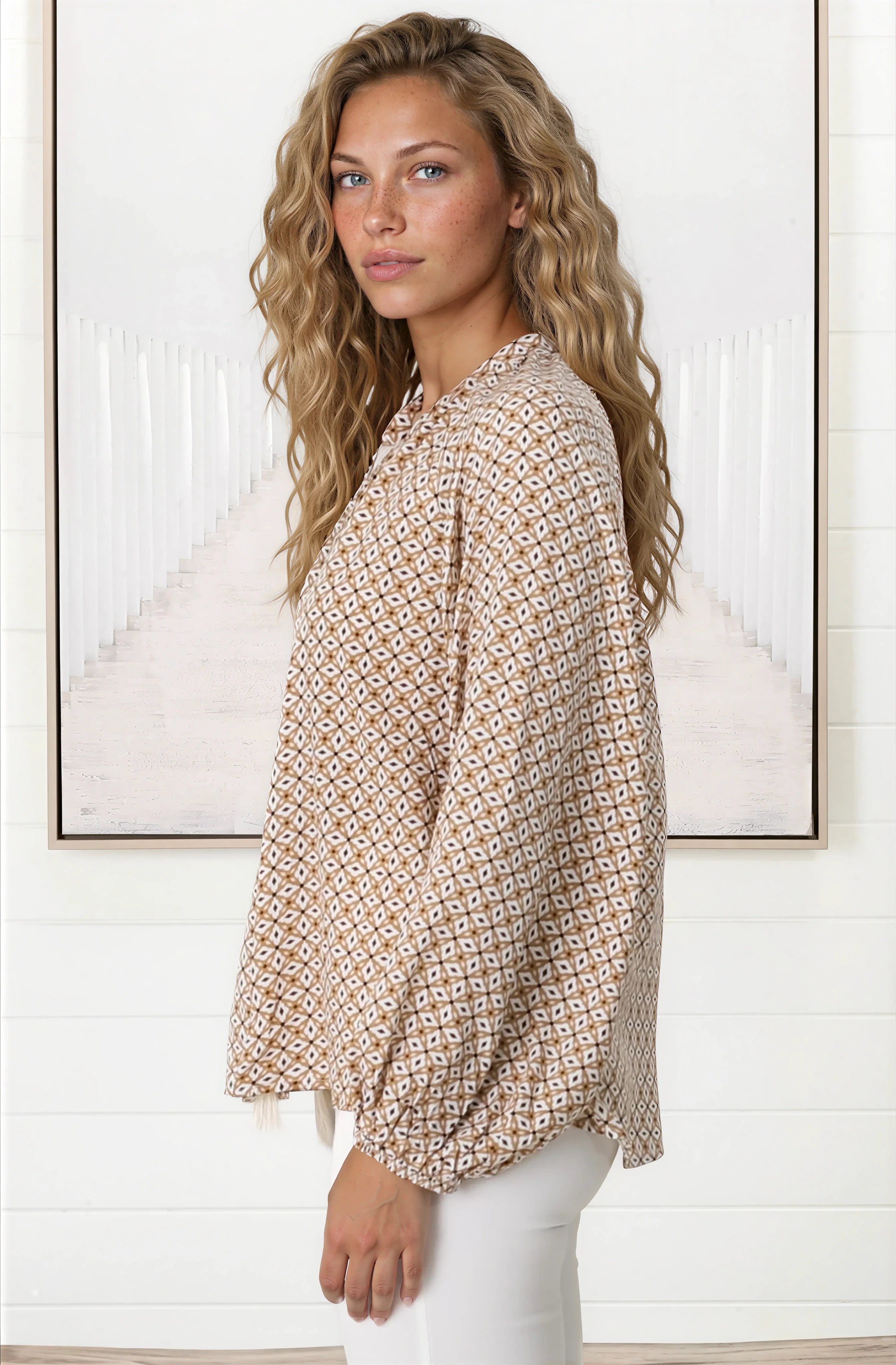 Sallie Blouse - V-Neckline Button Down Top in Retro Print
