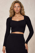 Kadie Knit Crop - Ribbed Sweethear Neckline Long Sleeve Top in Black