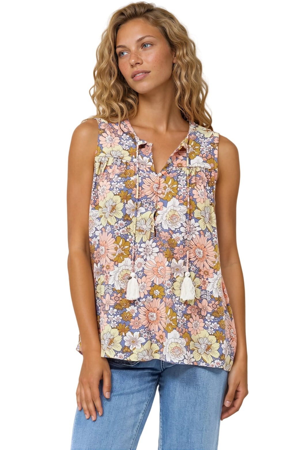 Kalari Top - Sleeveless Mandarin Collar with Tassel & Bells Neck Tie in Avianna Print