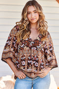 JAASE - Gabriella Top: Mandarin Collar Deep V Neck Crochet Trim Top in Hennie Print
