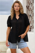 Luella Shirt - Subtle Textured Stripe Button Down with Puff Sleeves in Black
