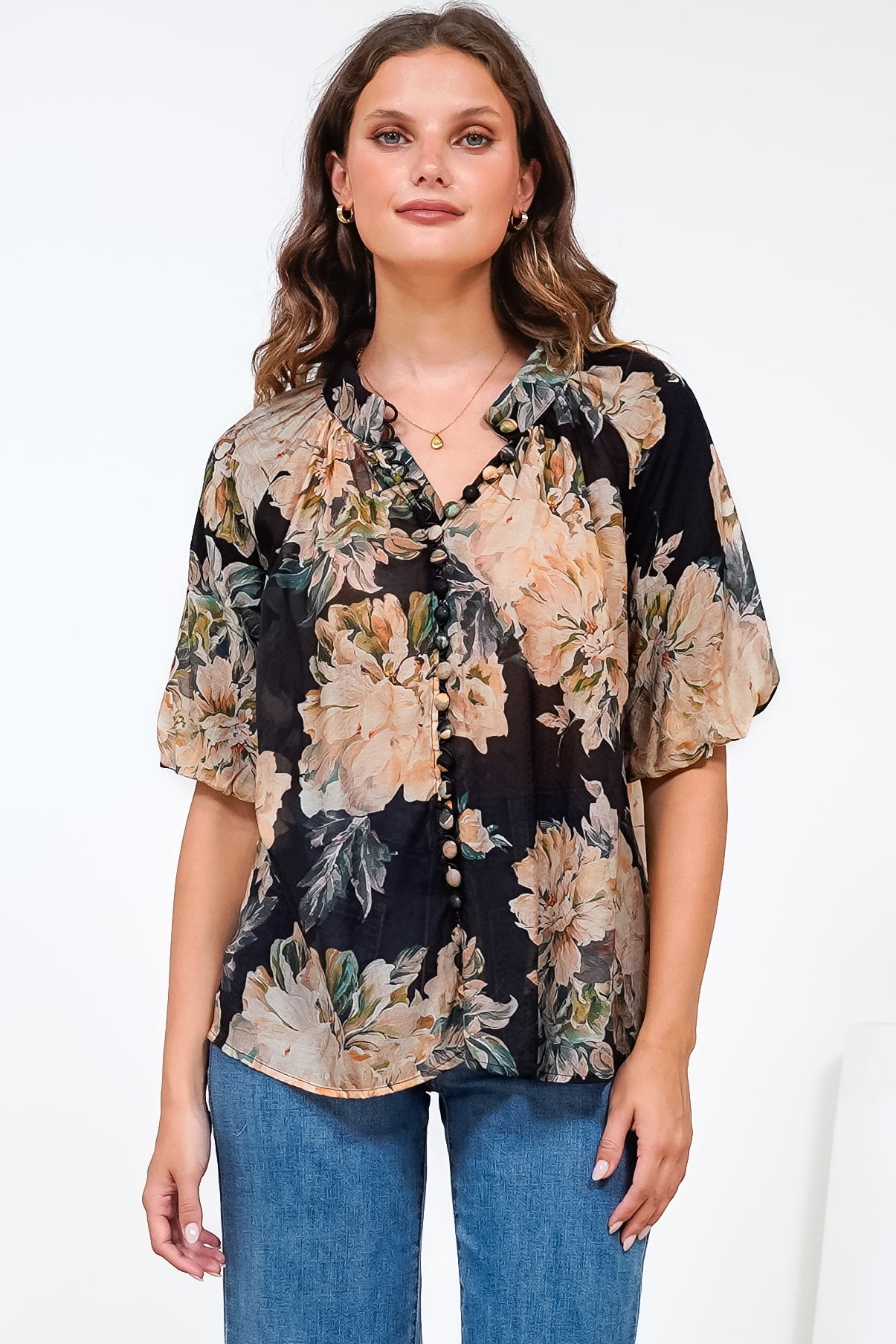 Natalia Blouse - Button Down Mandarin Collar Shirt in Kirah Print Black