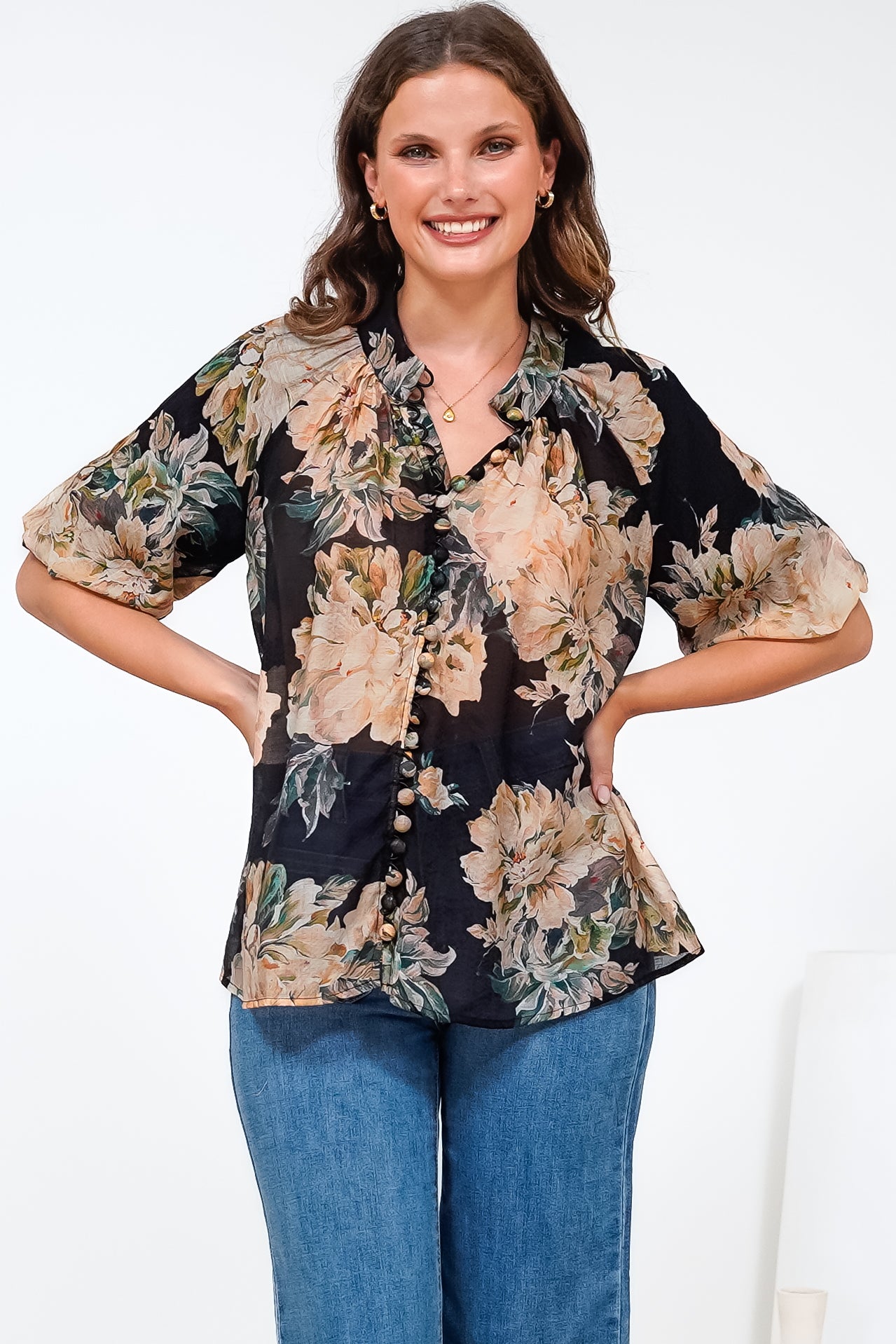 Natalia Blouse - Button Down Mandarin Collar Shirt in Kirah Print Black