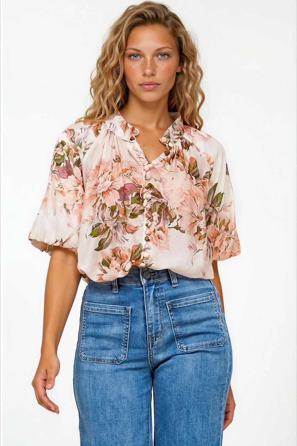 Natalia Blouse - Button Down Mandarin Collar Shirt in Kirah Print Peach