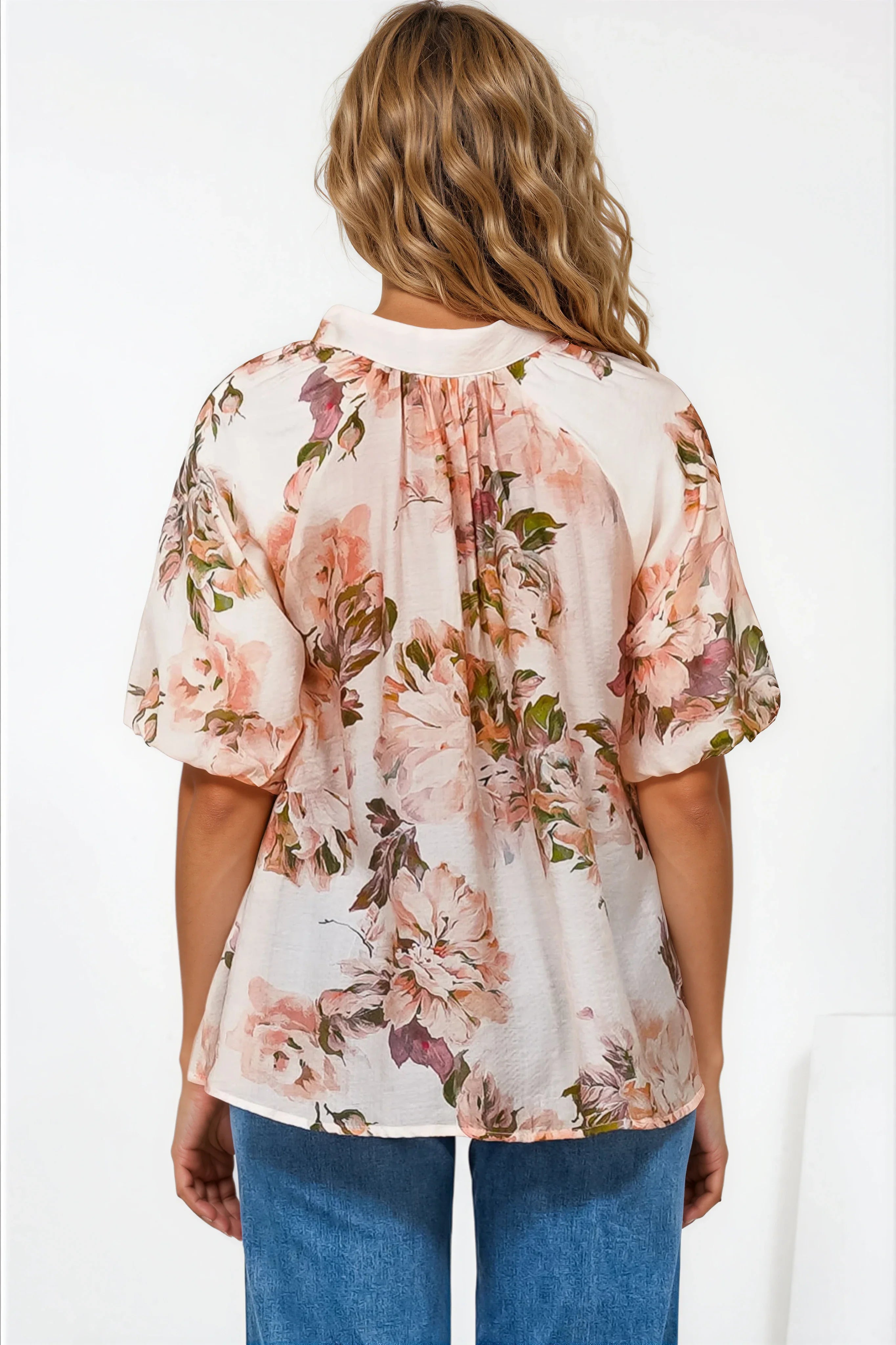 Natalia Blouse - Button Down Mandarin Collar Shirt in Kirah Print Peach